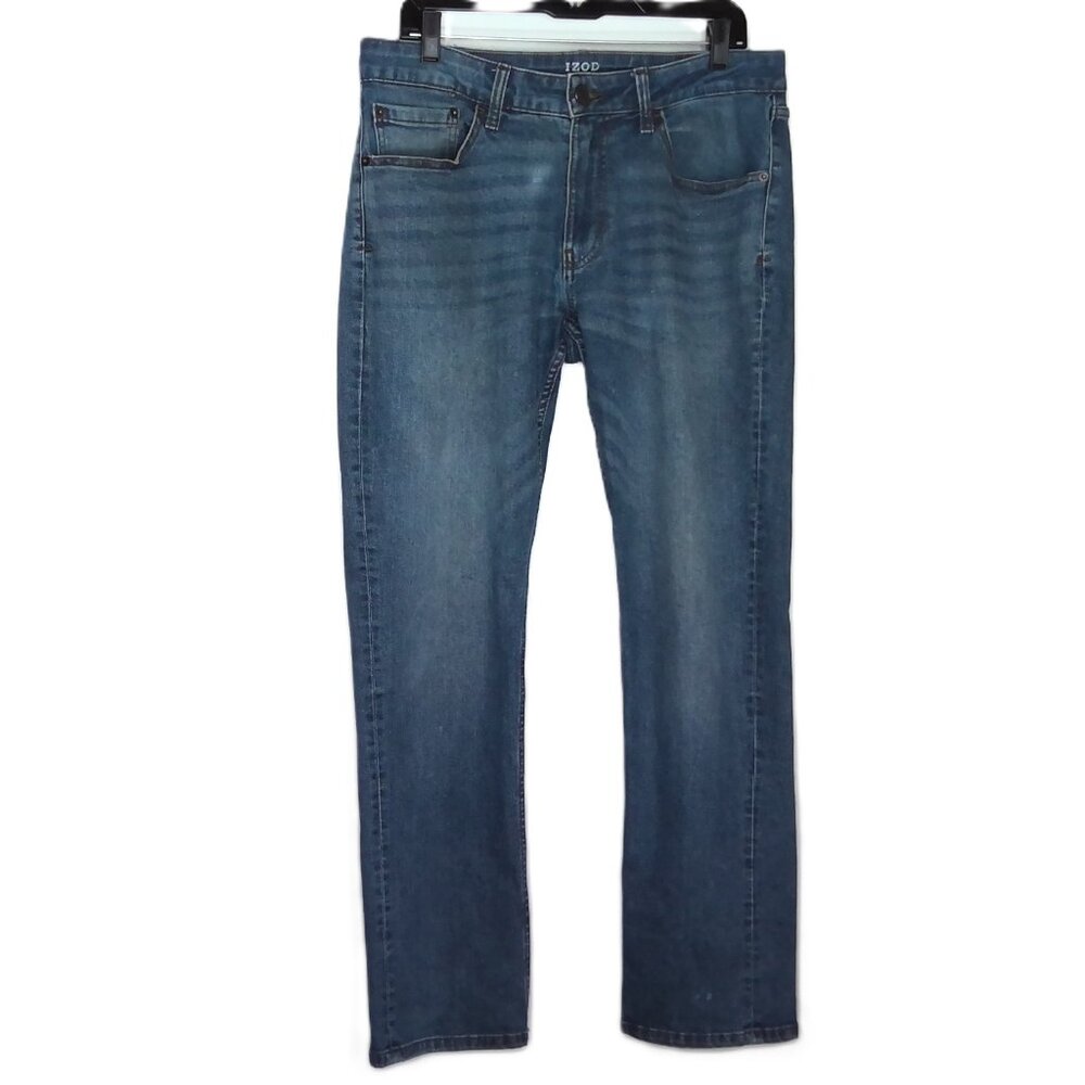 Izod Men's Saltwater Blue Jeans Straight Fit Medium Wash Mid-Rise EUC Sz 34 X 32